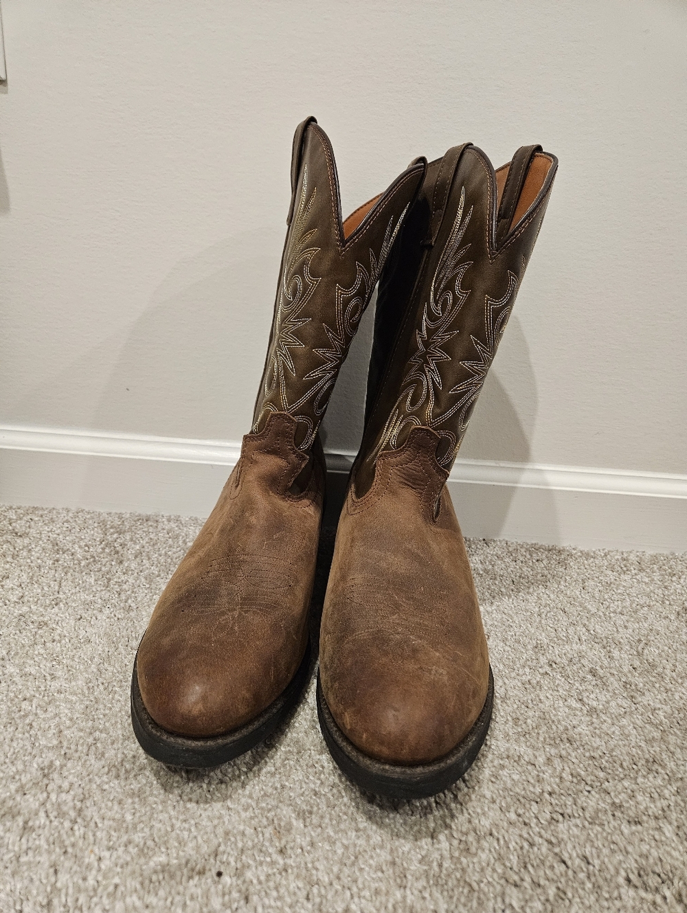 Laredo Men's Brown Leather Cowboy Boots with Embroidered Shaft, Size 15